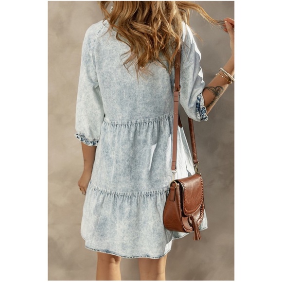 032 Mineral Wash Cotton Notch Neck 3/4 Ruffle Sleeve Chambray Dress - Picture 2 of 3